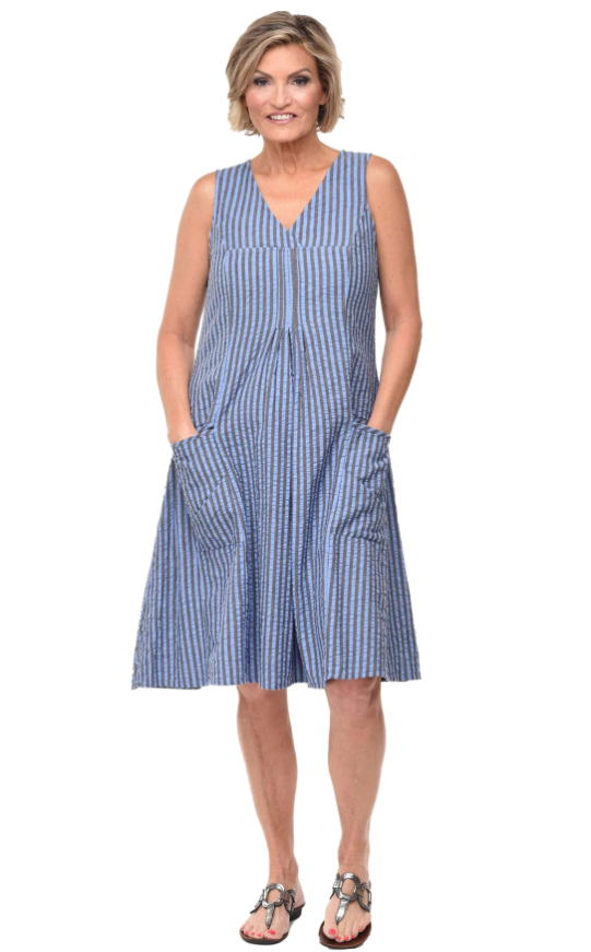 Sleeveless cotton V-neck dress with pleated bodice and pockets in a relaxed, below-the-knee silhouette in the color Doyle Stripe