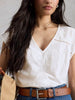 Organic cotton V-neck top with floral broderie detailing in the color White at The Lazy Daisy