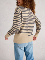 Variegated stripe knit sweater in cozy cotton and wool blend