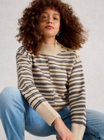 Model wearing Mix Stripe Sweater in high-neck striped design