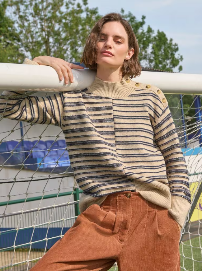 White Stuff Mix Stripe Sweater with stand neck and shoulder buttons