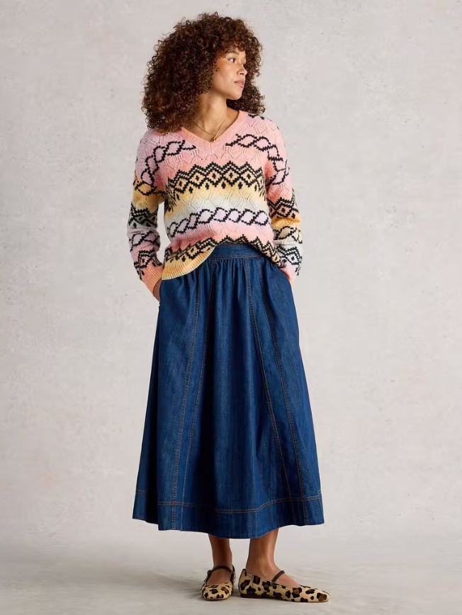 White Stuff Space Dye Pointelle Sweater in ombre knit with black patterns