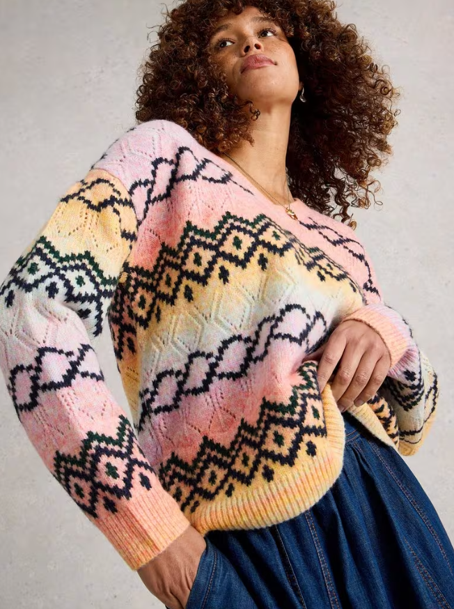 White Stuff Space Dye Pointelle Sweater in ombre knit with black patterns
