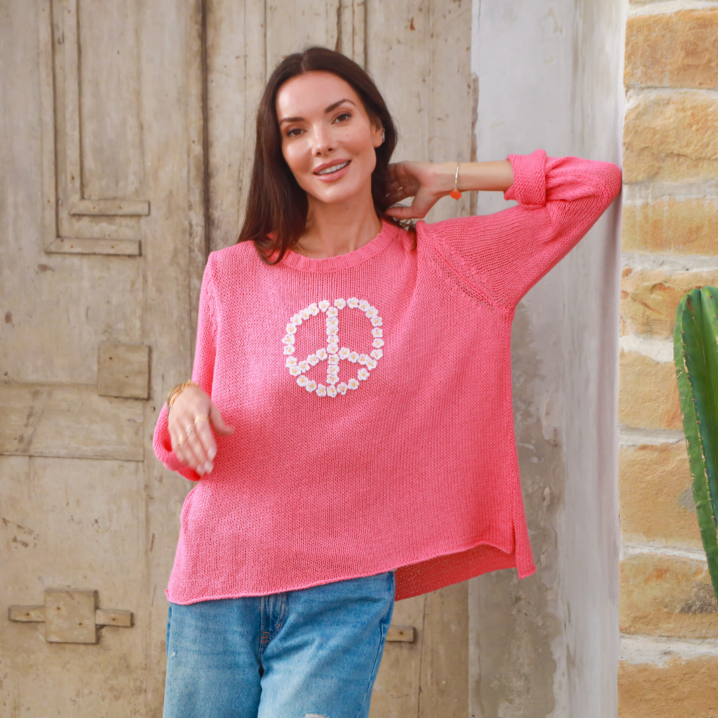 Wooden Ships Daisy Peace Sign Sweater Cherry Pastille
