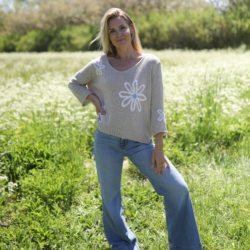 Wooden Ships Meadow Cotton V Sweater with ¾ sleeves at The Lazy Daisy