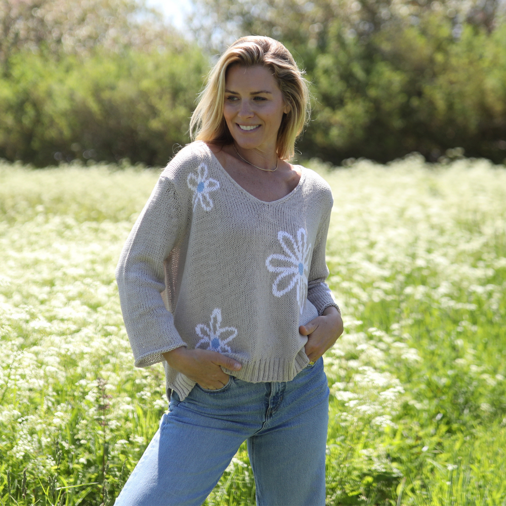 Wooden Ships Meadow Cotton V Sweater with ¾ sleeves at The Lazy Daisy