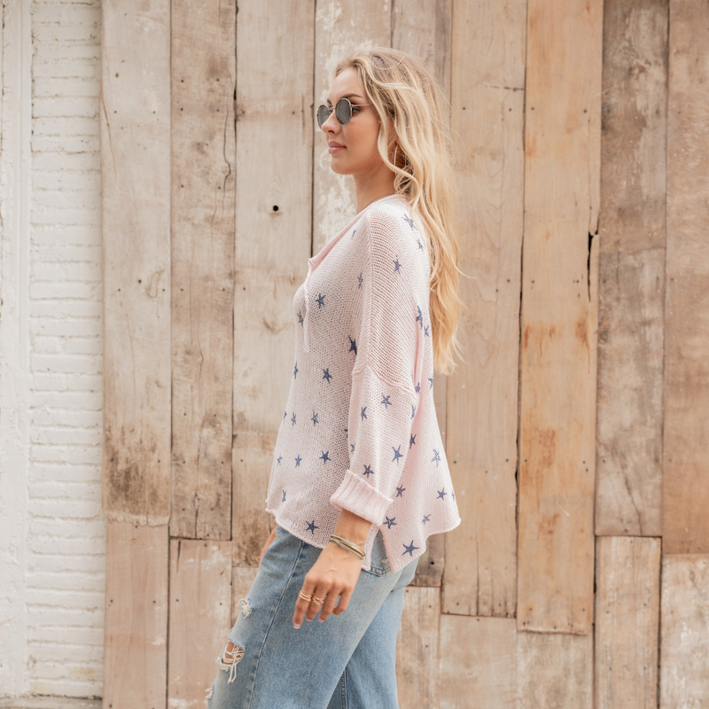 Model wearing The Lazy Daisy’s Wooden Ships cropped knit sweater