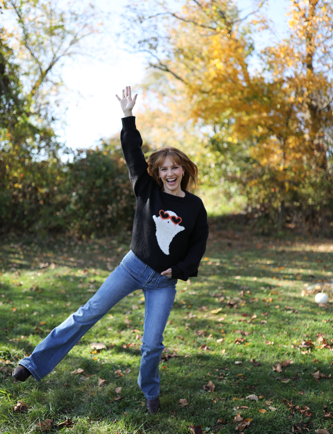 Autumn chunky knit sweater styled with jeans and boots, Sweet Ghost crew