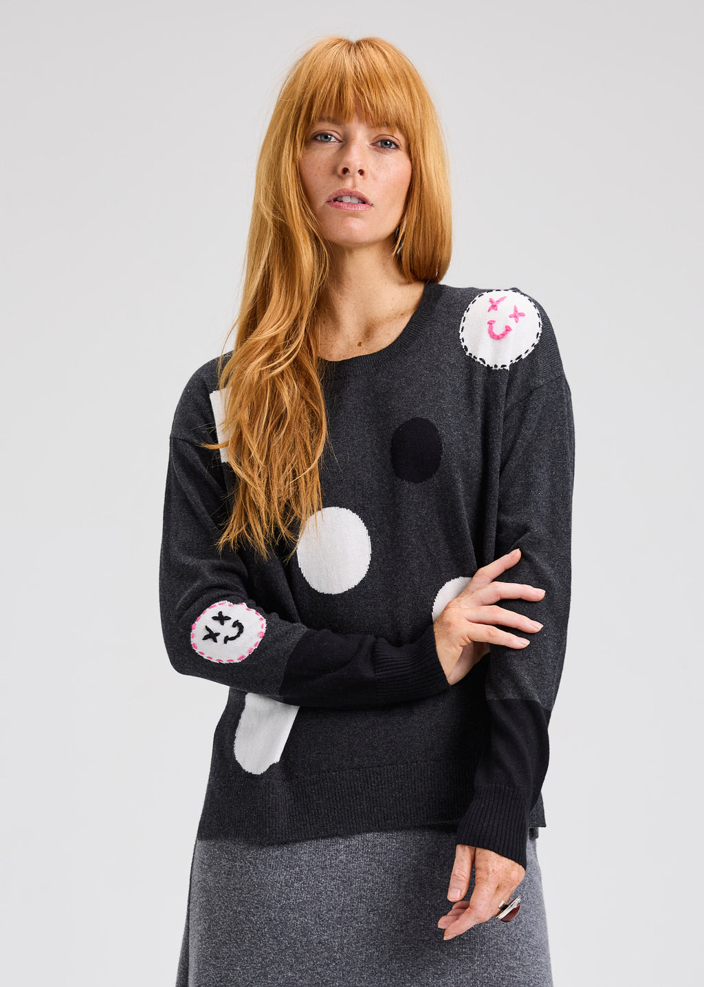 Zaket & Plover Spots Intarsia Sweater with embroidered smiley faces
