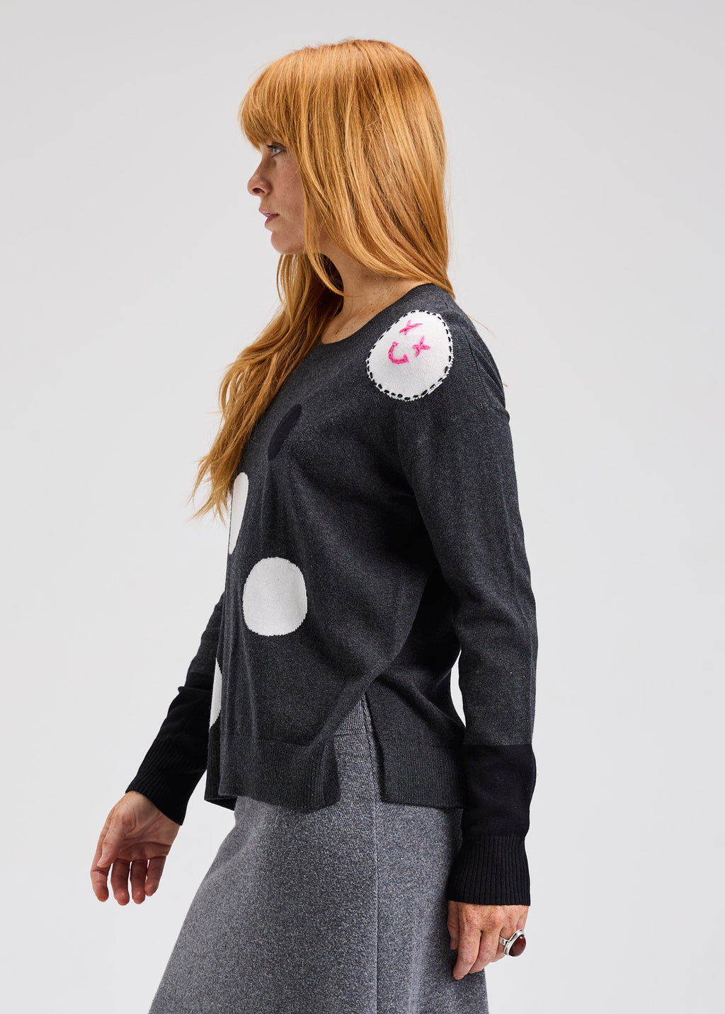 Zaket & Plover Spots Intarsia Sweater with embroidered smiley faces
