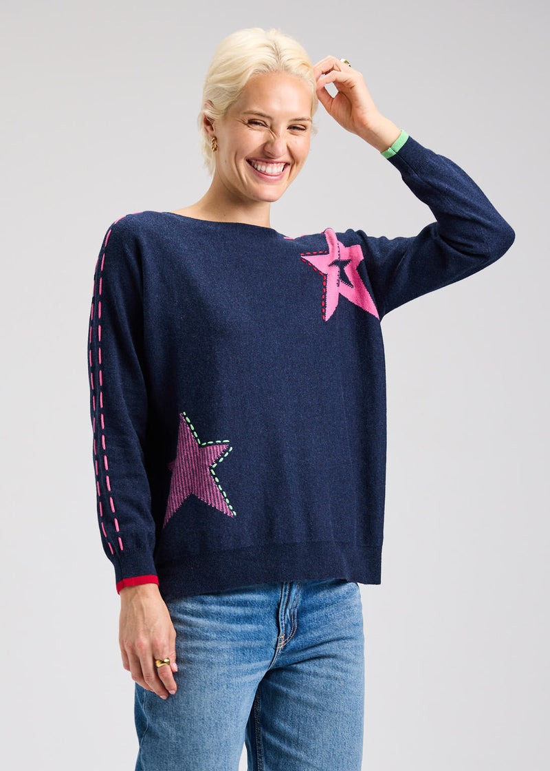 Embroidered star sweater with contrast cuffs and boxy fit