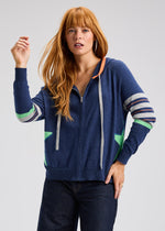 Knit zip-front hoodie with drop sleeves and contrast stripes
