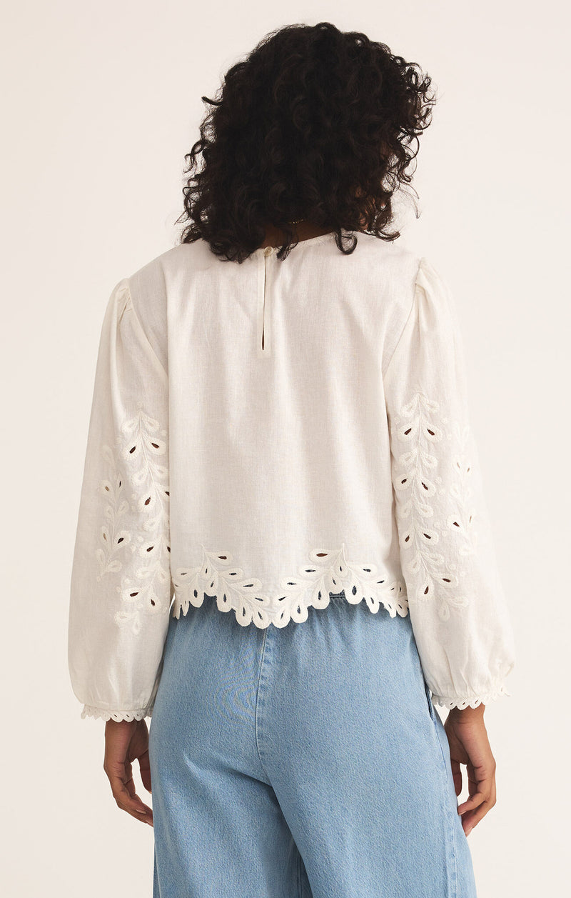 Back view of the Ambirose Top – cropped eyelet blouse in breathable cotton linen blend