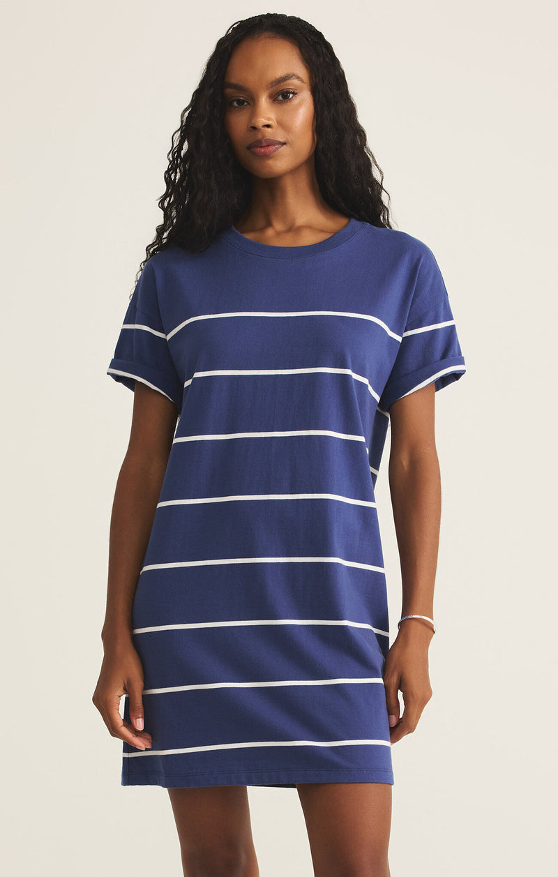 A navy and white striped mini dress with short sleeves and a crew neckline.