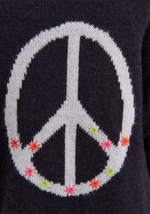 Back view of Zaket & Plover Lofty Peace Cardi with white peace symbol and colorful accents