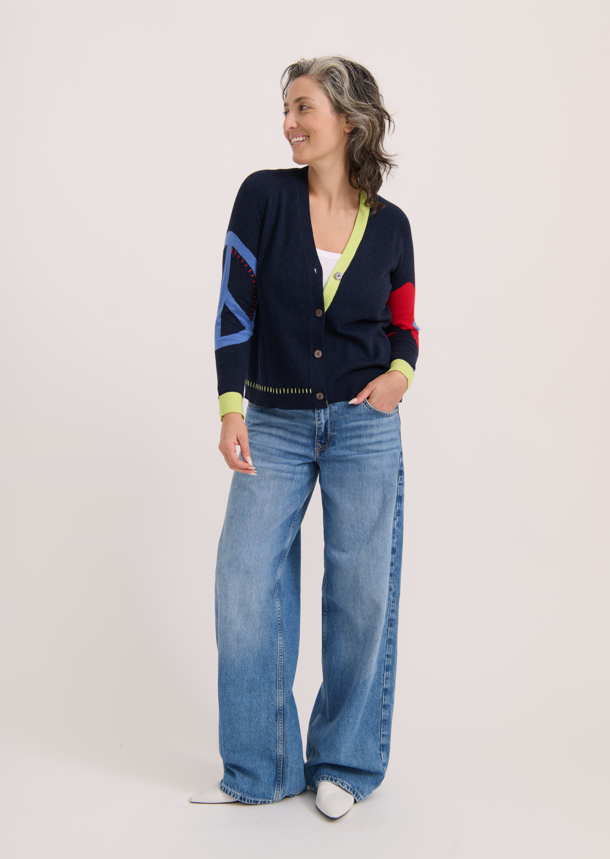 Button-front cardigan with whimsical fall colors and relaxed fit