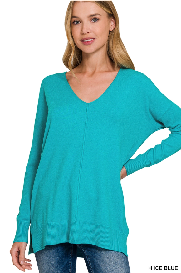 Zenana Garment Dyed Front Seam Sweater Ice Blue