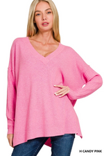 Zenana Ribbed Hem & Sleeve Sweater H Candy Pink