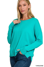 Zenana Front Seam Side Slit Sweater Turquoise