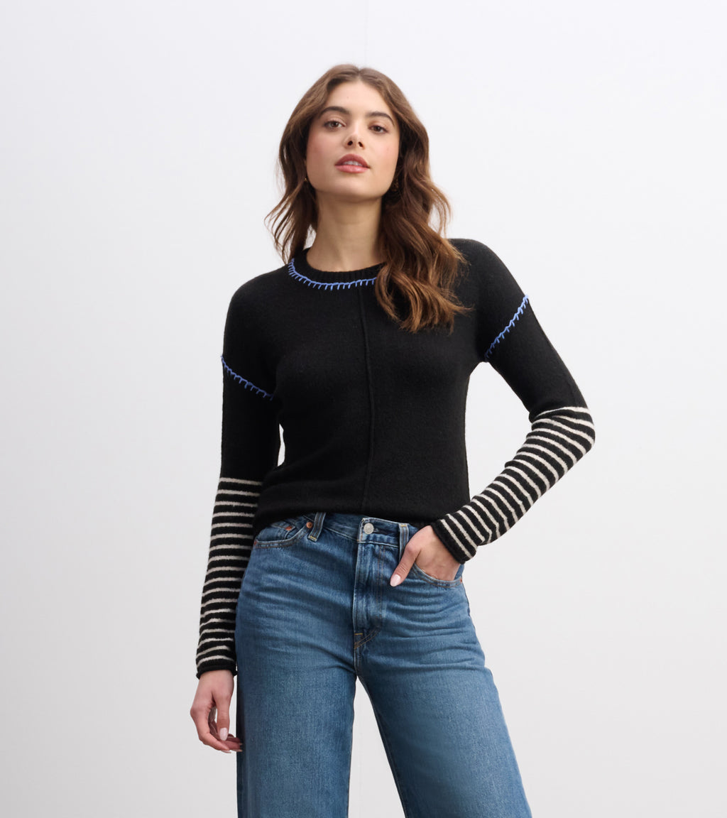 Hatley Avery Sweater with blue embroidery and striped sleeves