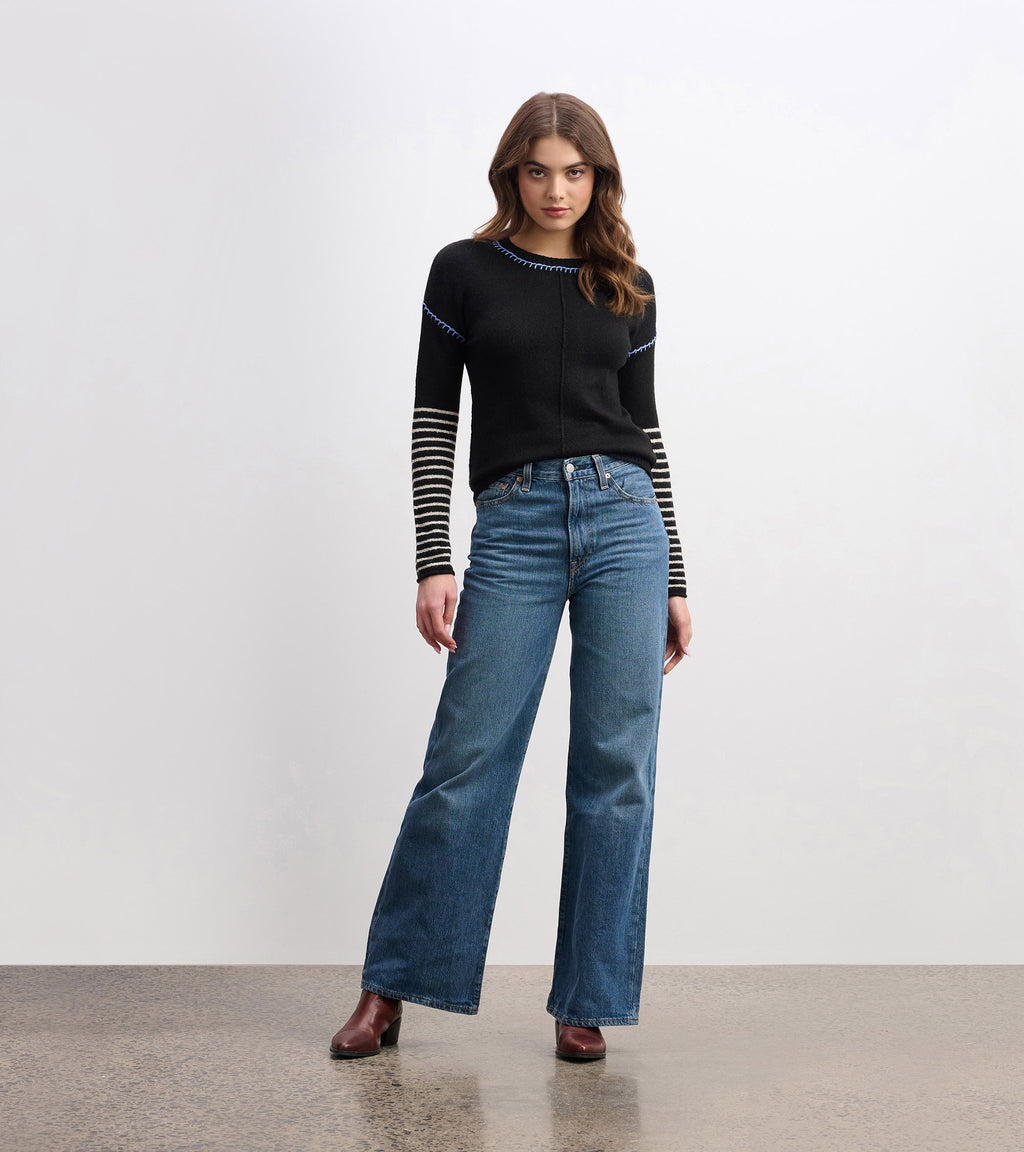 Hatley Avery Sweater with blue embroidery and striped sleeves