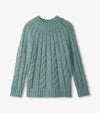 Thick knit turquoise sweater with classic cable design
