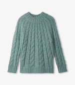 Thick knit turquoise sweater with classic cable design