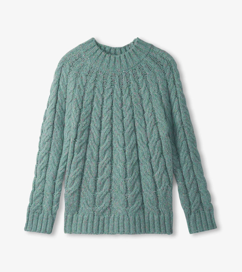Thick knit turquoise sweater with classic cable design
