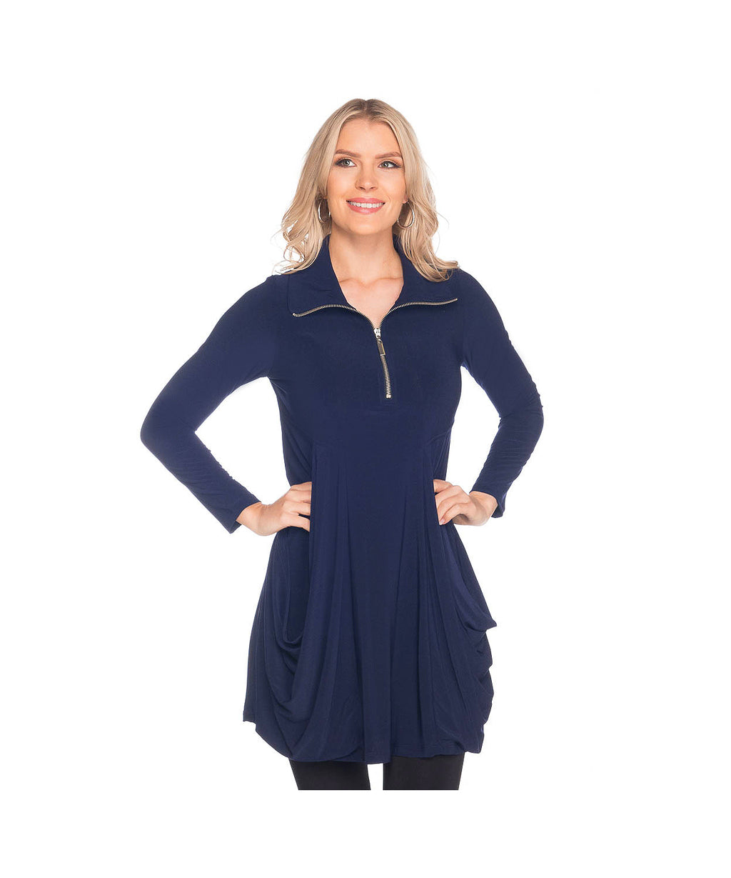 Last Tango Long Sleeve Zipper Trim Tunic Top Navy 